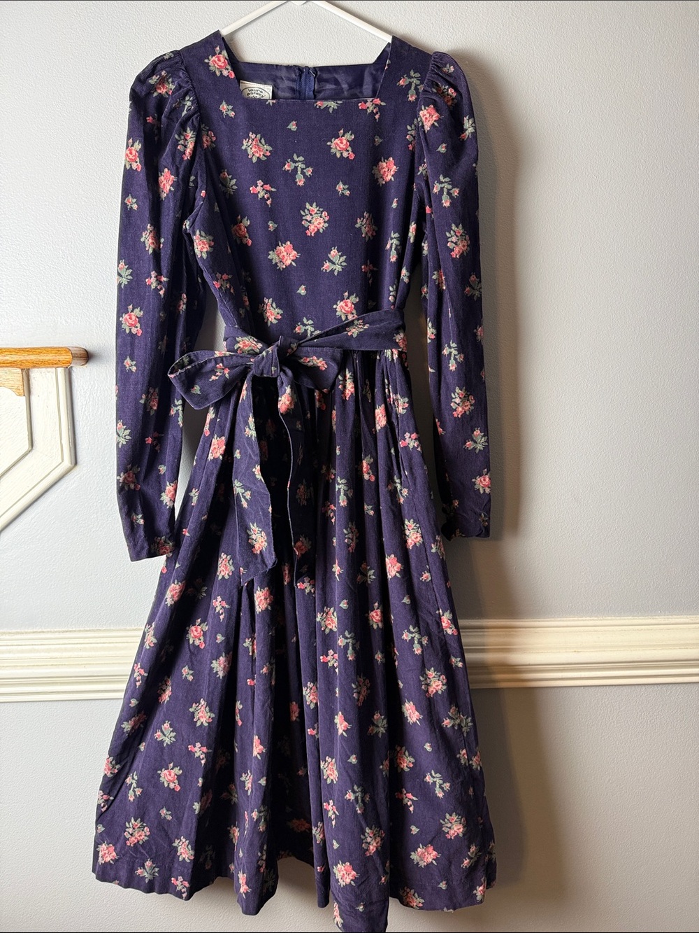 Vintage 80s Laura Ashley Navy Long-Sleeve Floral Maxi Dress with Pink Rose Print